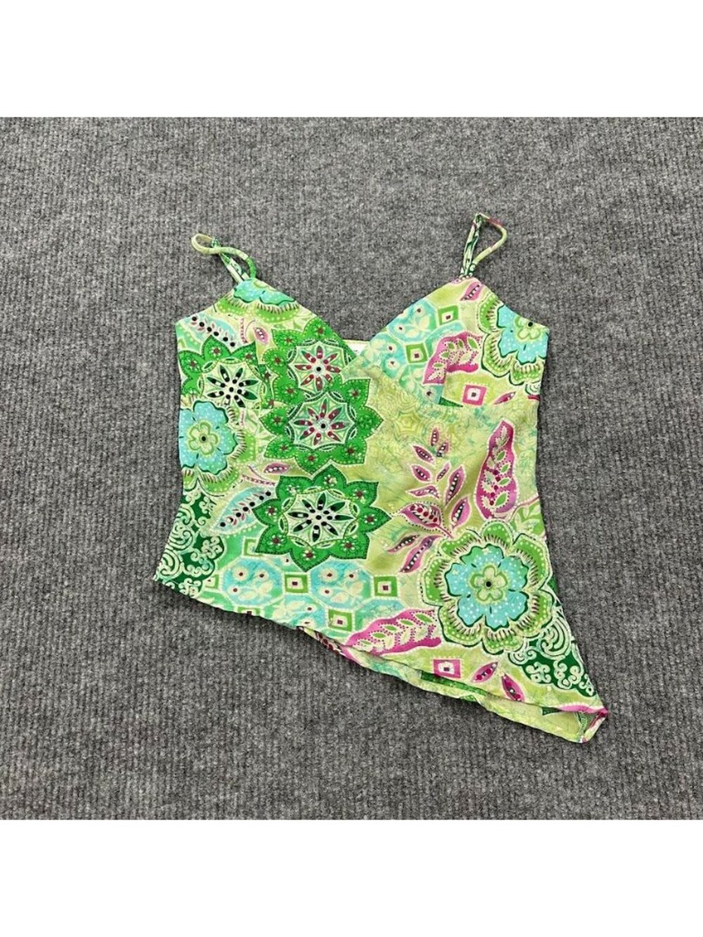 Iz Byer Green Floral Asymmetric Handkerchief Hem Retro Y2K Tank Top Womens Large